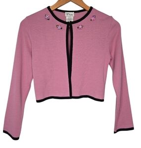 Plum Vintage Youth Girls Tight Knit Flower Applique Crop Cardigan Large 14/16